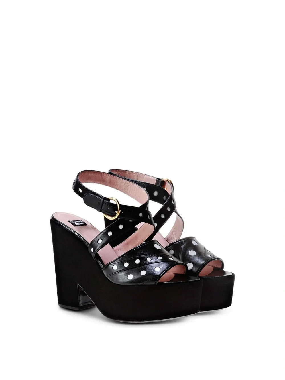 Moschino Black Leather Platform Sandals with White Polka Dots and Gold Buckle